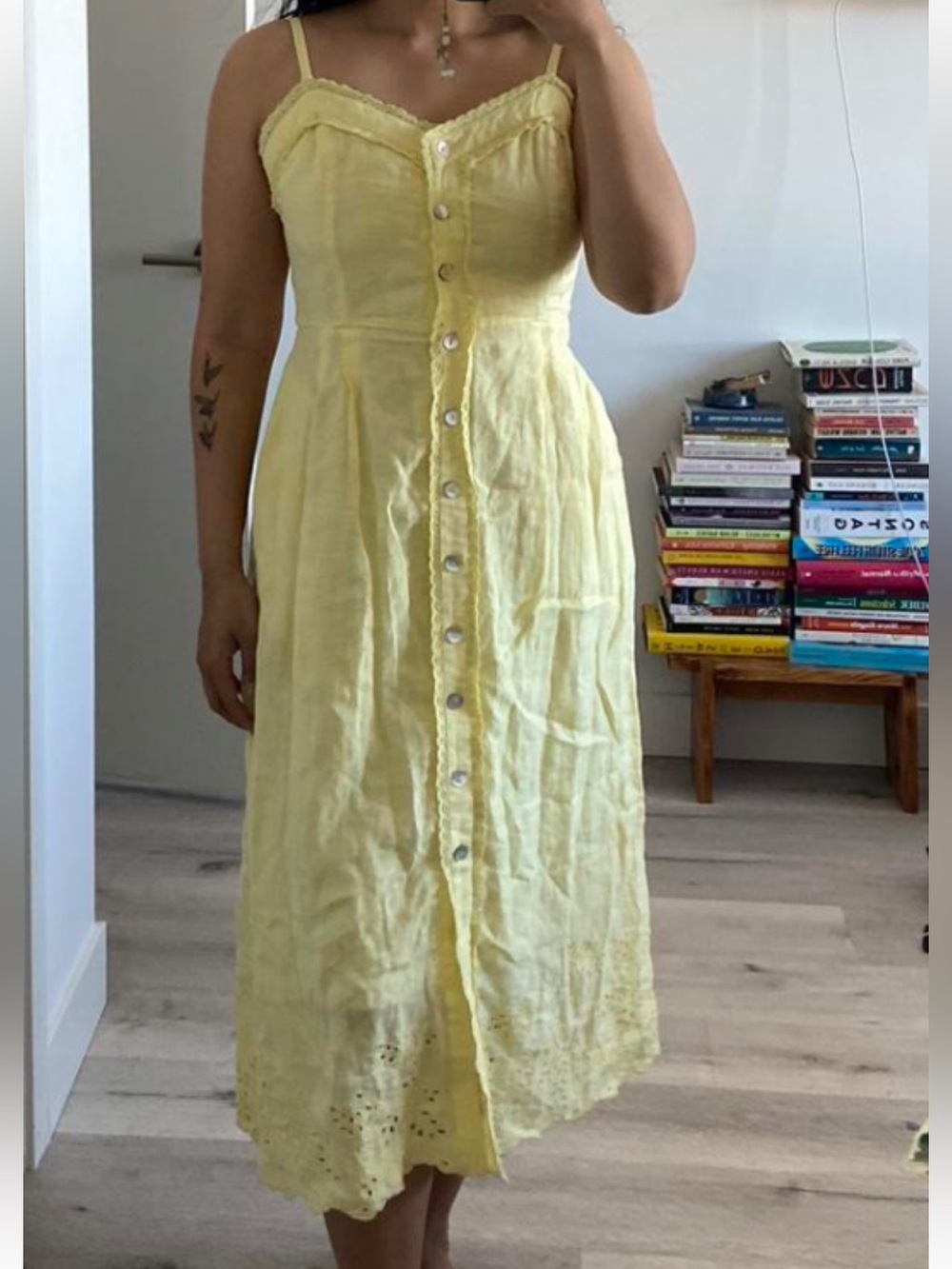 Wilfred la boheme linen dress 2 Pale Yellow Eyelet Button-Front Sundress
